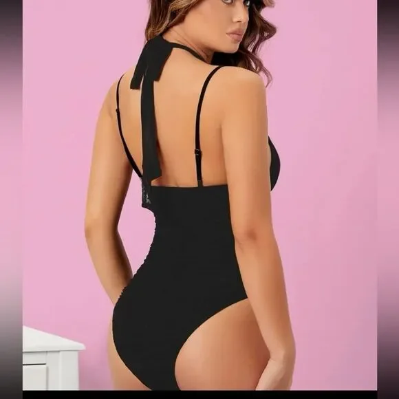 Sexy black cross halter ruched bodysuit | medium | NWT - Picture 6 of 10